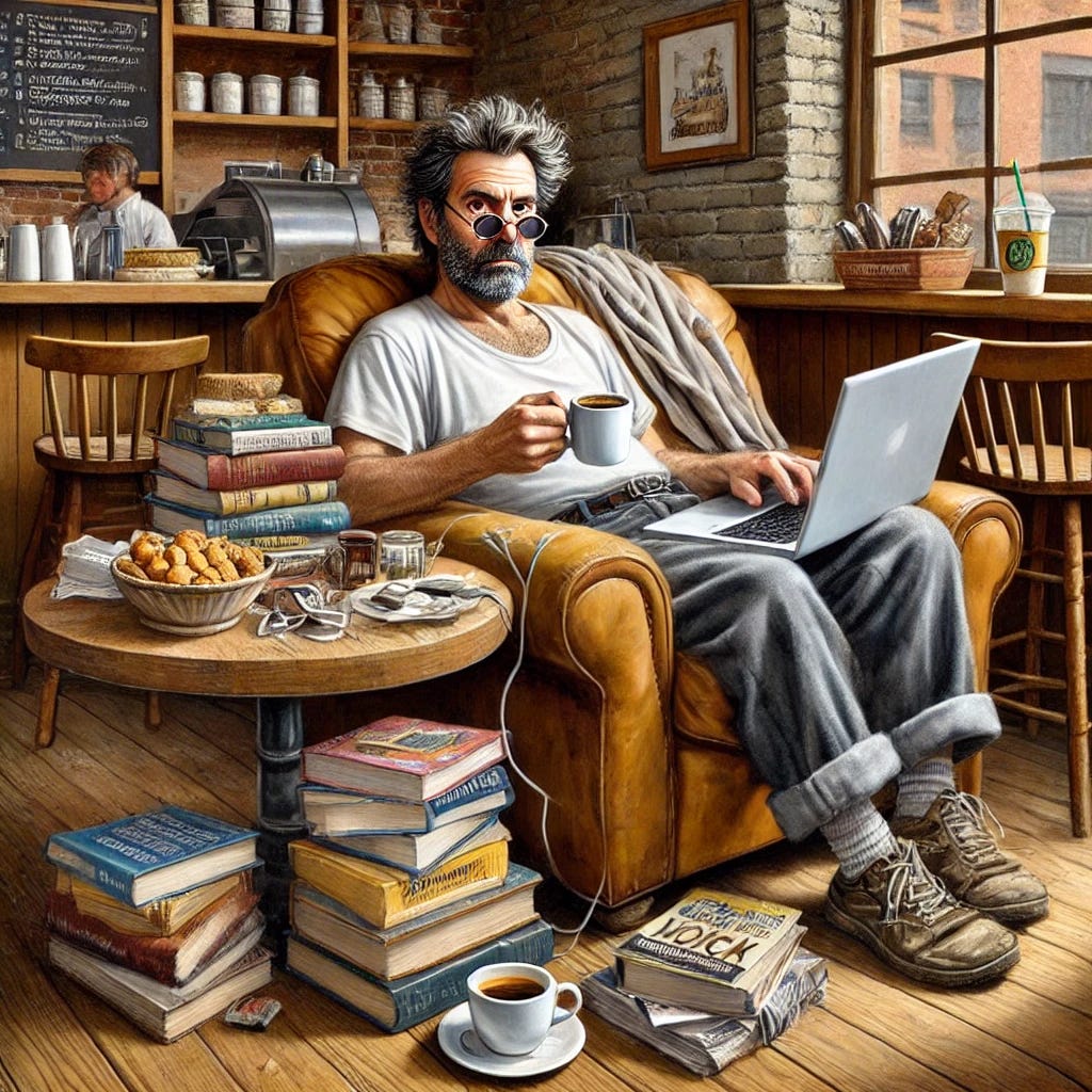 A humorous artist's rendering of a man who never leaves his local coffee shop. He is seated comfortably in a cozy corner, surrounded by books, a laptop, and a cup of coffee that seems permanently attached to his hand. He has an air of permanence, with a casual yet worn-in outfit, and maybe even a stack of old newspapers by his side. The coffee shop has a warm, lived-in atmosphere with rustic furniture, and the barista is seen in the background, almost rolling their eyes as they serve other customers. The setting captures a mix of humor and comfort, as if this man has become part of the shop's very fabric.