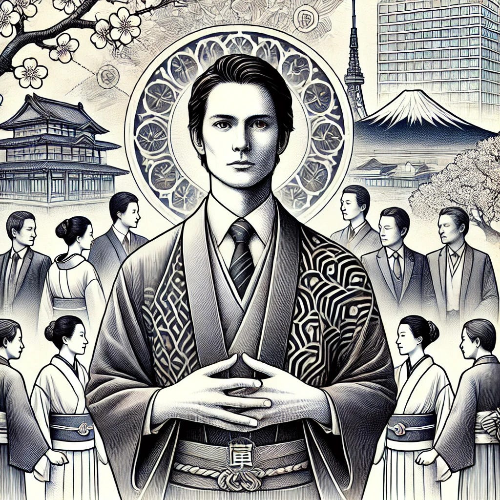 A detailed hand-drawn illustration representing Japanese leadership. The central figure is a poised and calm leader, embodying traditional Japanese leadership values such as respect, harmony, and collective effort. The leader is depicted wearing modern business attire while subtly incorporating traditional Japanese elements like a kimono pattern or kanji symbols for leadership. Surrounding the leader are team members collaborating in harmony, reflecting a strong sense of teamwork and group consensus. Background elements include symbols like a cherry blossom tree (Sakura) and Mount Fuji, representing Japan's cultural heritage, along with modern corporate buildings to illustrate the connection between tradition and modernity. The overall tone is balanced, emphasizing respect, humility, and unity in leadership.