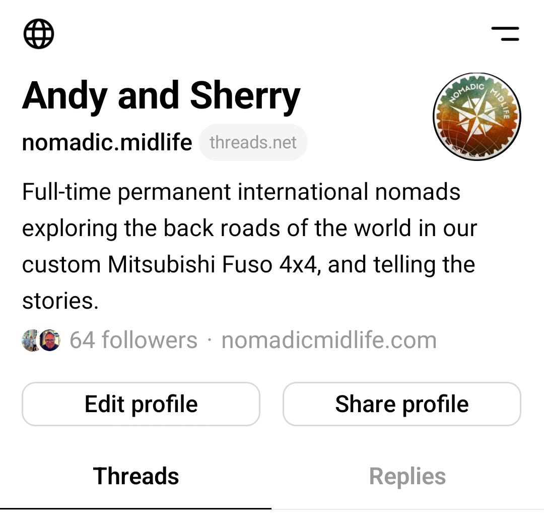 A screenshot of the nomadic.midlife profile page on the new Threads app