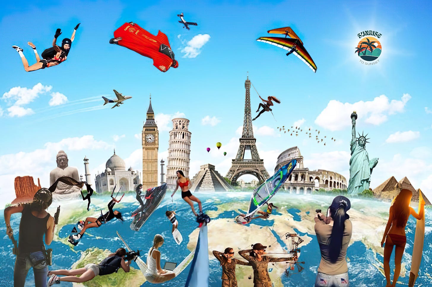 Collage of adventurous activities and global landmarks, representing the diverse and dynamic community at Sunrise to Sunset.