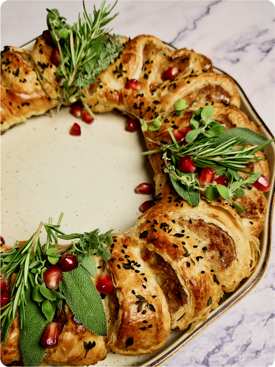 close up of sausage roll wreath