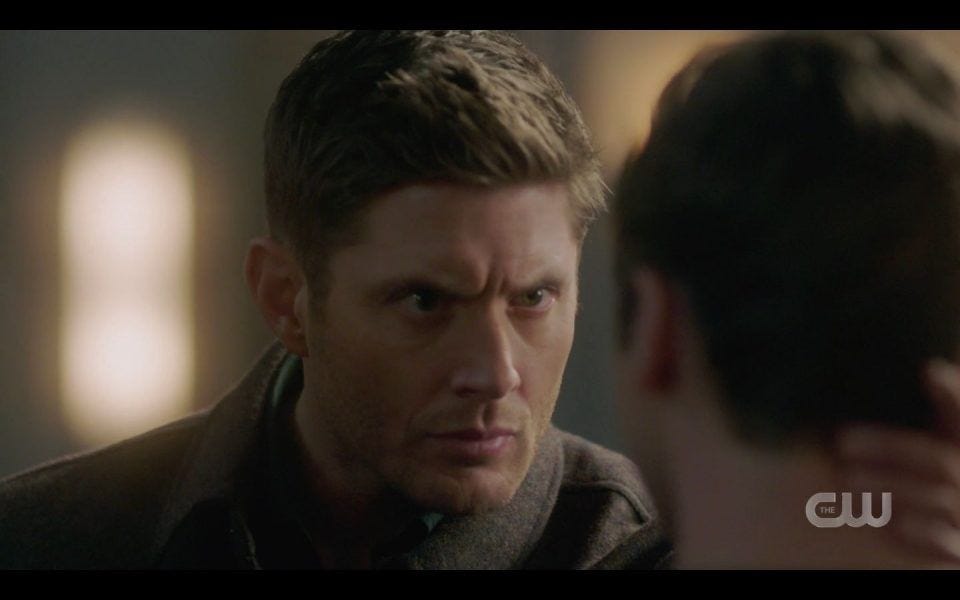 Dean Winchester staring intently in Jacks eyes SPN