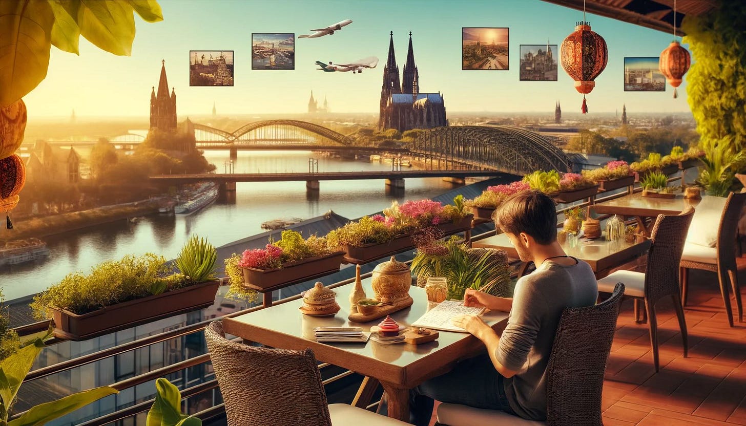 The image emphasizes relaxing travel and its influence on creativity. This serene terrace scene with picturesque views perfectly captures the essence of a creative person’s reflections.
