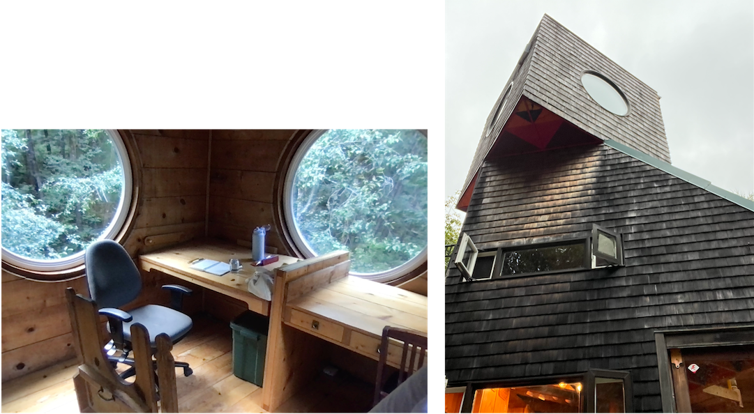 Two images. Left, the interior of the cube room. There are two circular windows looking out into the woods. There are two wooden desks and two desk chairs. Amber's notebook, water bottle, and other items sit on one desk. Right, the exterior of the cube room taken from the ground. The room is completely cube-shaped, on the second floor of the house, and a small part of it juts out like an overhang over the first floor.
