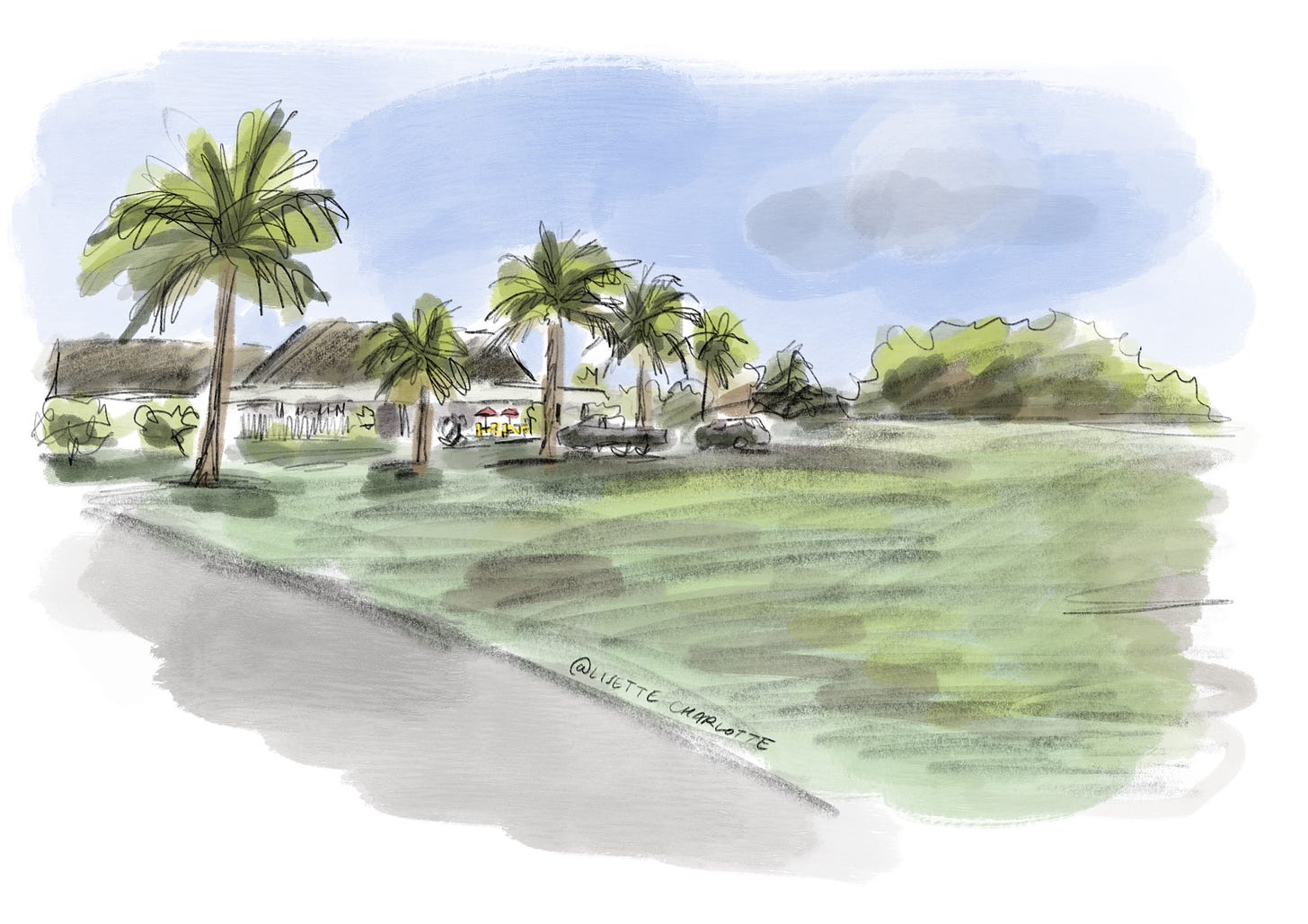 A pencil and watercolour sketch of Temae airport in Mo'orea from the grassy carpark