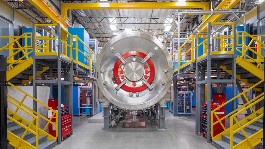 The TAE Technologies fusion machine, Norman, in the company's lab in Foothill Ranch, California. Norman was built from the middle of 2016 to mid-2017 and cost $150 million to build. It is 22 feet high, 80 feet long and weighs 60,000 pounds.