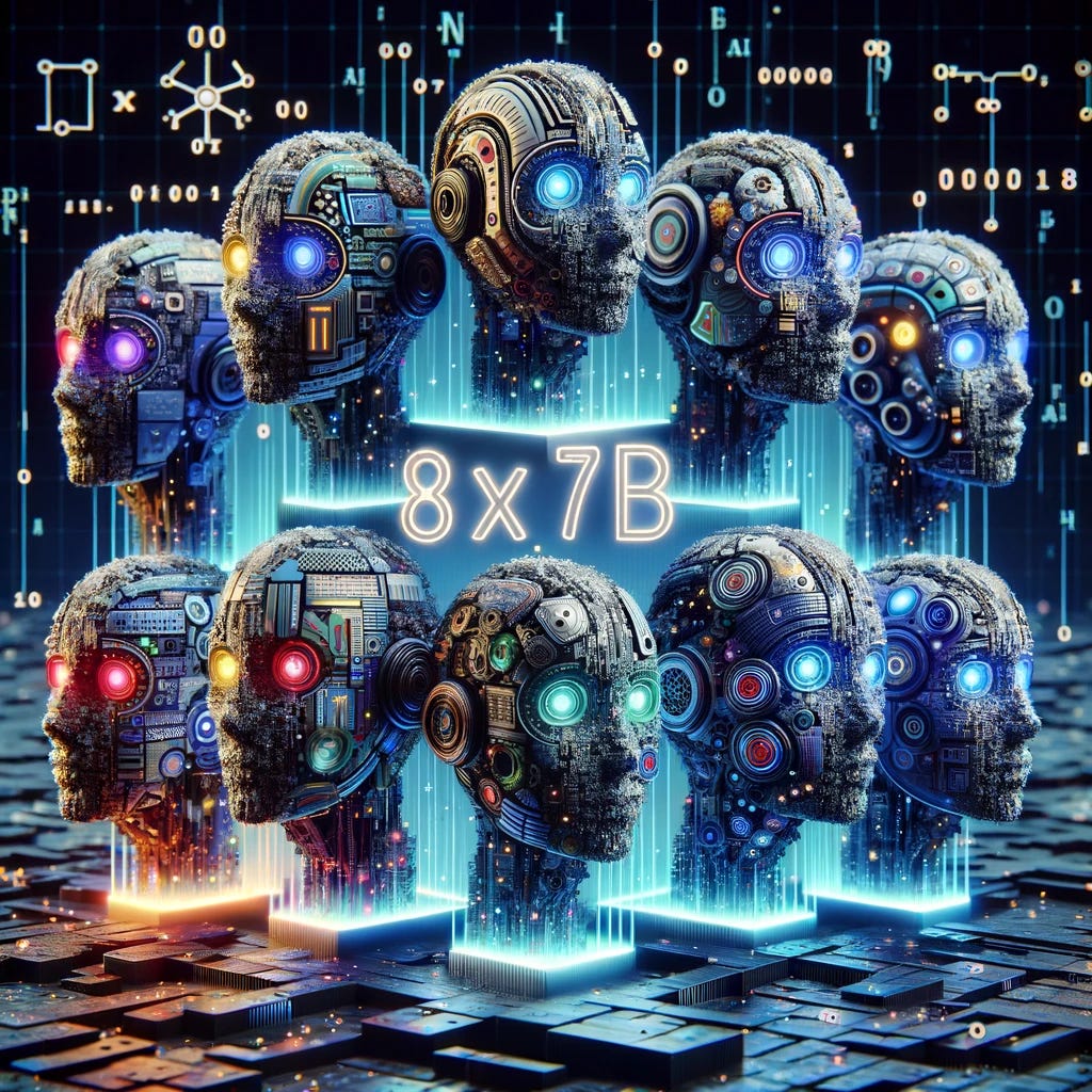 A creative representation of an AI language model where the text 'Mxtral 8x7B' is formed by seven smaller AI language models. Each of these smaller models is depicted as a distinct, miniature robotic entity, showcasing features like microprocessors, data streams, and glowing circuits. These models are arranged to collectively spell out 'Mxtral 8x7B'. The background is a digital landscape, filled with binary code, neural network diagrams, and linguistic symbols, enhancing the theme of artificial intelligence and language processing.
