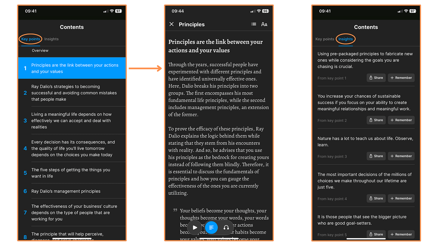 Headway's “Key points” and “Insights” for the book Principles (on dark mode)