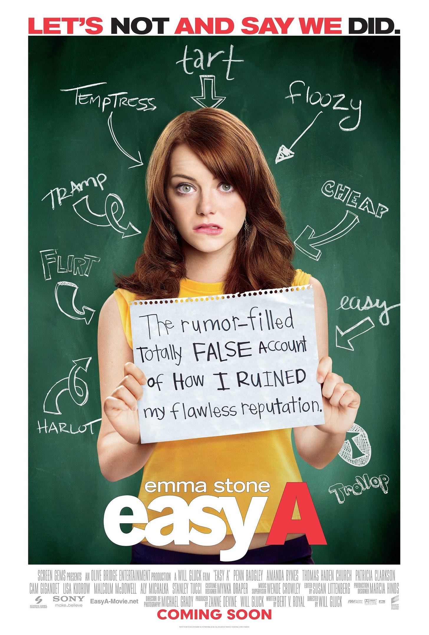 The poster for Easy A, showing Stone in the centre looking nervous, holding a sign that reads 'the rumour-filled totally FALSE account of how I RUINED my flawless reputation.'  She is surrounded by other signs labelling her as a slut or tramp etc