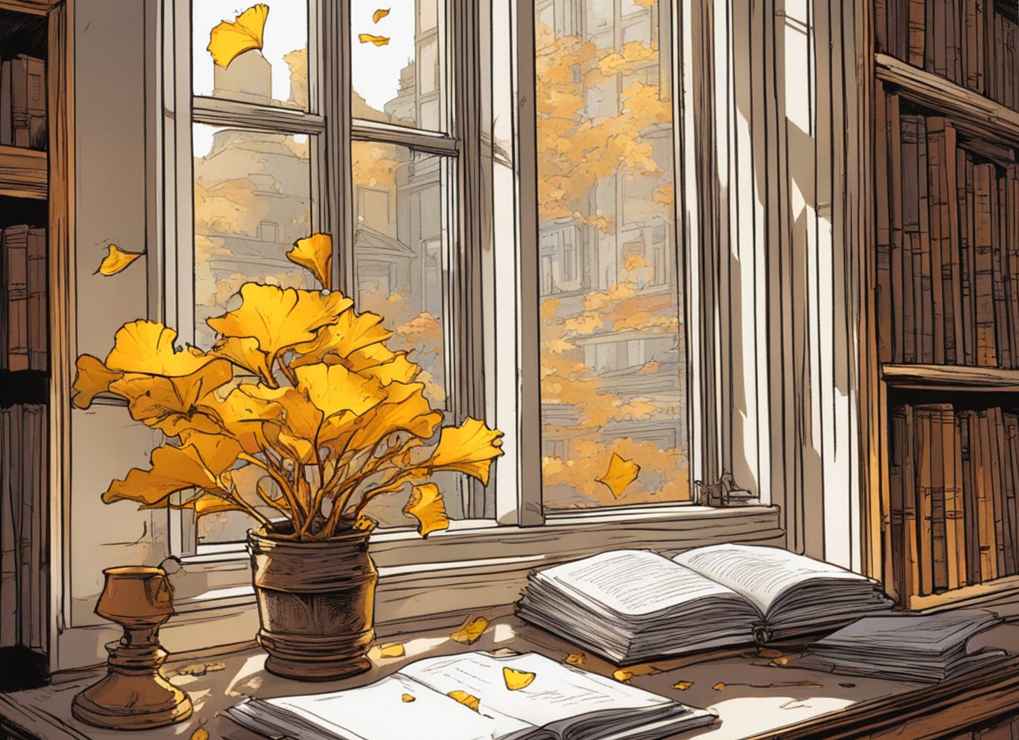 Gingko leaves on a desk.