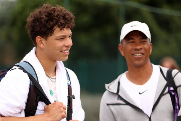 Ben Shelton of United States with his coach and father Bryan Shelton ahead of The Championships - Wimbledon 2023 at All England Lawn Tennis and...