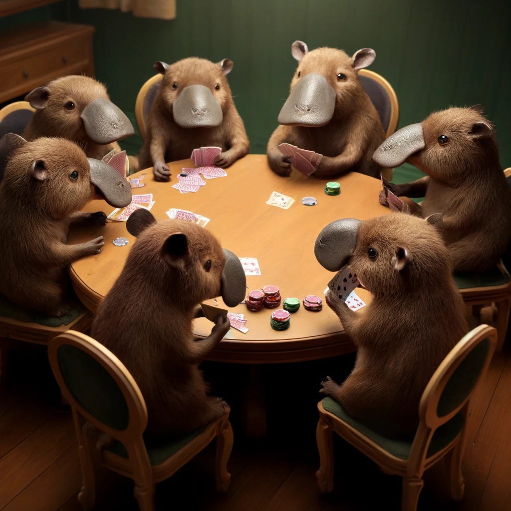 A charming and amusing image of a group of platypuses playing poker. The scene is set in a cozy, dimly lit room with a small round table. Several platypuses, each with distinctive features, are seated around the table on cushioned chairs. They are holding playing cards in their paws, with poker chips and cards scattered on the table. The platypuses appear deeply engaged in the game, with expressions of concentration, excitement, and strategy. The atmosphere is whimsical and playful, capturing the unique and comical concept of platypuses participating in a serious game of poker.