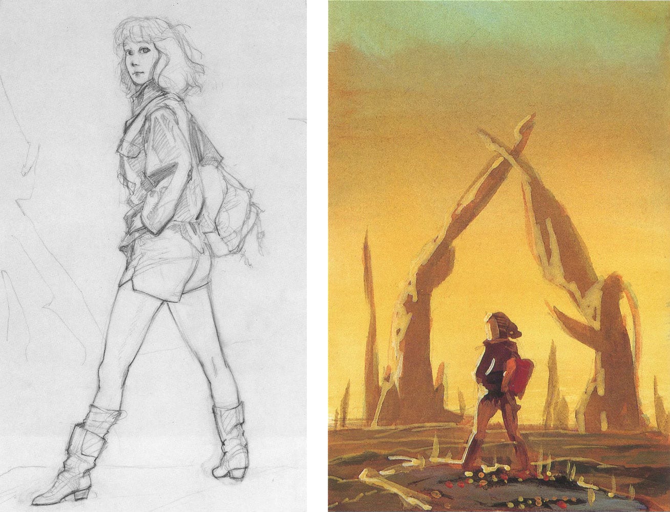 LEFT: Pencil sketch for ARKADY featuring her with legs caught in a v and her head turning toward the audience.  RIGHT: Color study for ARKADY featuring a rough rendering of the central figure framed by twisted towers collapsing into each other. The sky is notably a yellow-orange gradient blending with green.