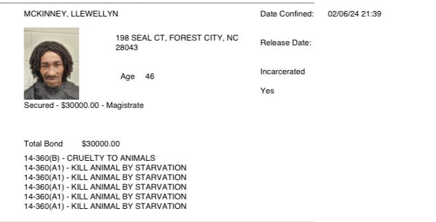 May be an image of 1 person, ticket stub and text that says 'MCKINNEY, LLEWELLYN Date Confined: 198 SEAL CT, FOREST CITY,NC 28043 02/06/24 21:39 Release Date: Age 46 Secured $30000.00 -Magistrate Incarcerated Yes Total Bond $30000.00 14-360(B) CRUELTY TO ANIMALS 14-360(A1)- KILL ANIMAL BY STARVATION 14-360(A1) ANIMAL BY STARVATION ANIMAL STARVATION 14-360(A1) ANIMAL BY STARVATION 14-360(A1) KILL ANIMAL BY STARVATION'
