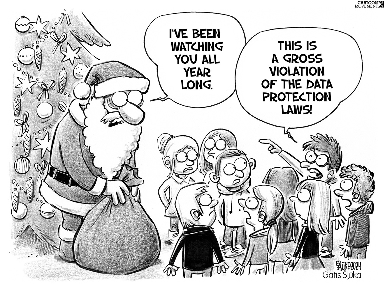 Cartoon showing Santa standing with a bag of presents alongside a Christmas tree, with children standing around him. Santa says: 'Ive been watching you all year long.'. One of the children points at him angrily and replies: 'This is a gross violation of the data protection laws!'