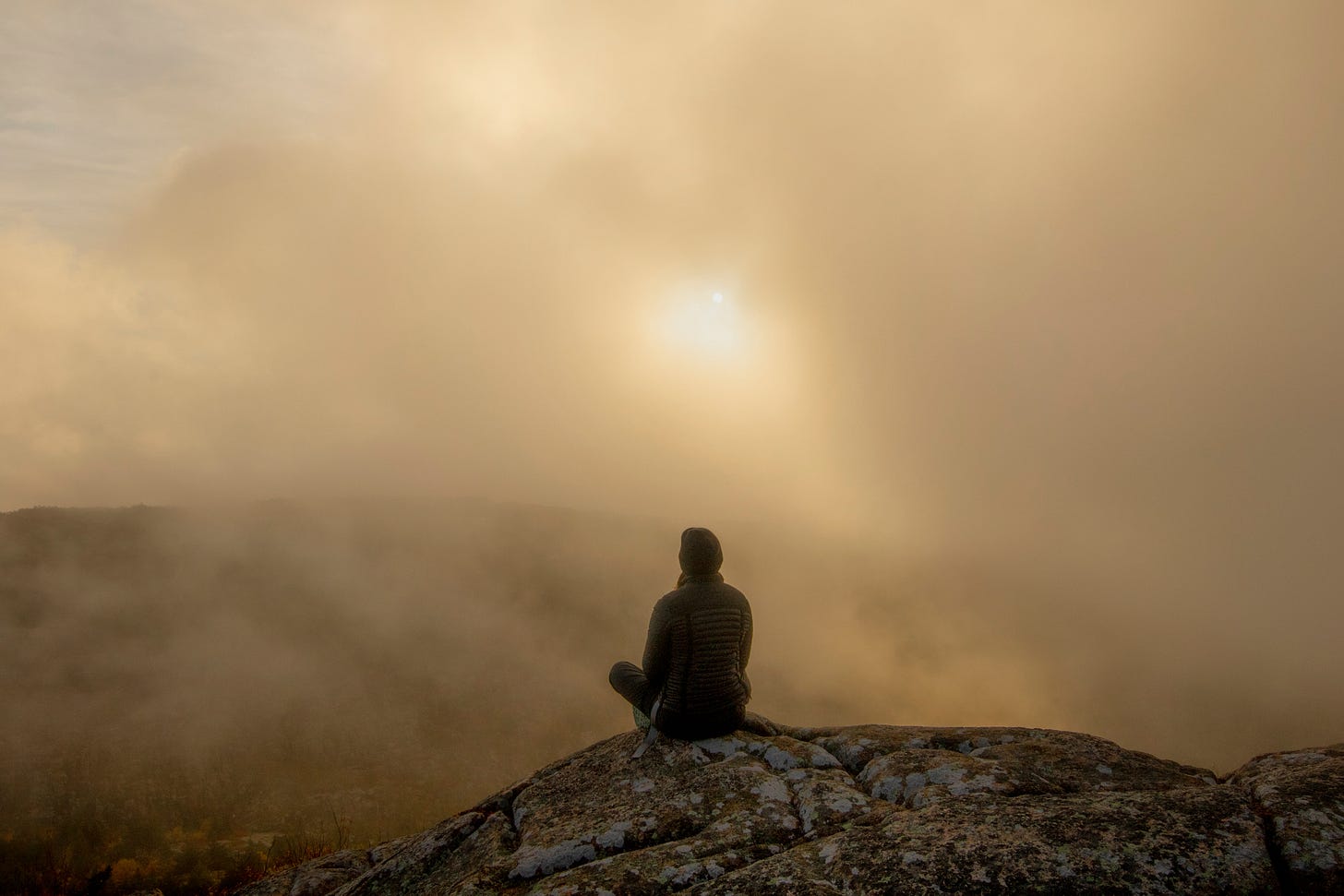 a person staring into a misty valley (by Dulcey Lima via Unsplash)