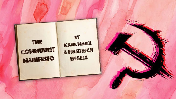 An open book reading "Communist Manifesto by Karl Marx" with a hammer and sickle next to it