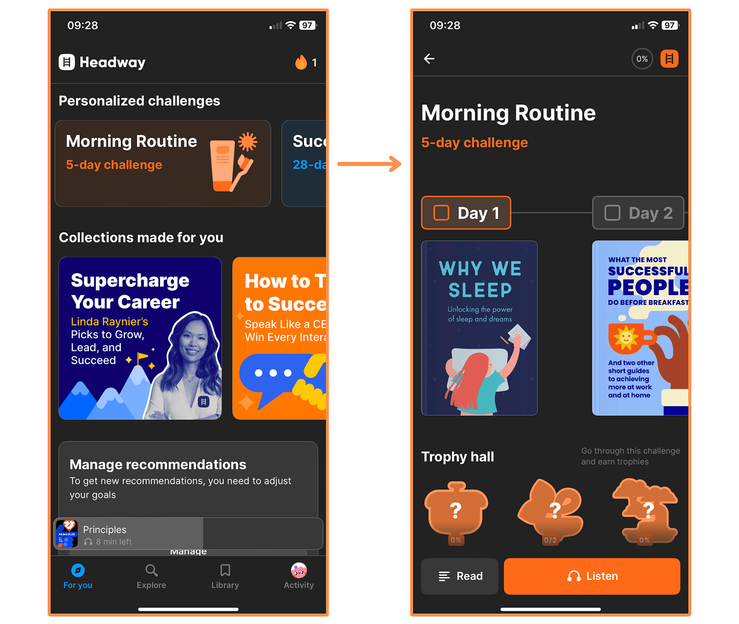 Headway's Challenges (mobile app + dark mode)