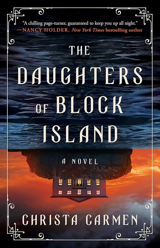 Cover of the book with the title against an upside down image of an ocean and a white mansion on a huge rock