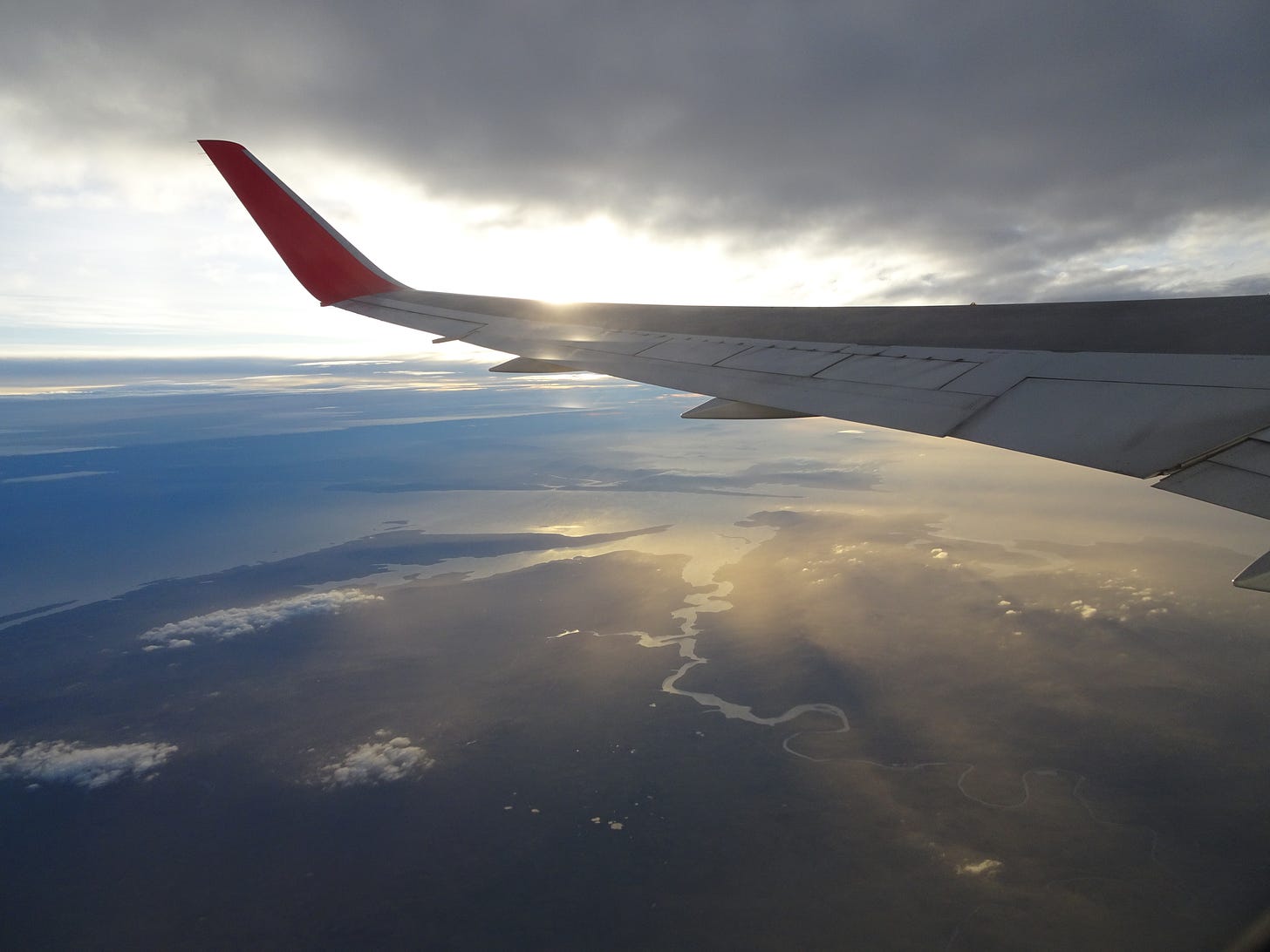 Aeroplane wing over the Falkland Islands