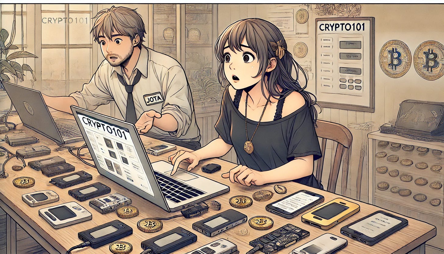A wide, banner-style image of a young woman, looking completely lost and confused while navigating a cryptocurrency website called 'crypto101' on her laptop. She is surrounded by hardware wallets and devices for storing seed phrases, which clutter the desk around her. Next to her is a helpful young man with a name tag that reads 'Jota', patiently explaining everything to her. The scene has a classic manga-style aesthetic, with expressive facial features, soft shading, and dynamic poses. The room feels modern, with subtle technological elements, enhancing the crypto theme.