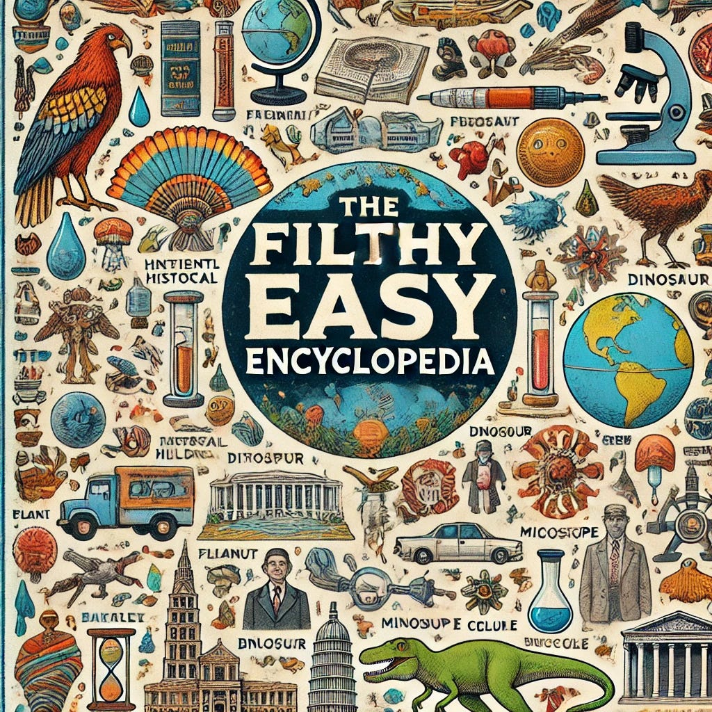 A detailed cover of an encyclopedia titled 'The Filthy Easy Encyclopedia' with a whimsical design. The cover features small images of random items found in an encyclopedia, such as an ancient historical artifact, a tropical bird, a planet, a famous building, a dinosaur, a microscope, and an animal cell. The overall style is approachable and playful, with colorful, engaging visuals. The title is large and bold at the top of the cover, and the background is textured to give it a classic, vintage encyclopedia feel.