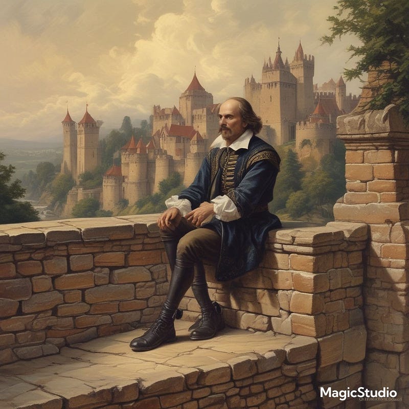 William Shakespeare sitting on a castle wall. AI art generated.