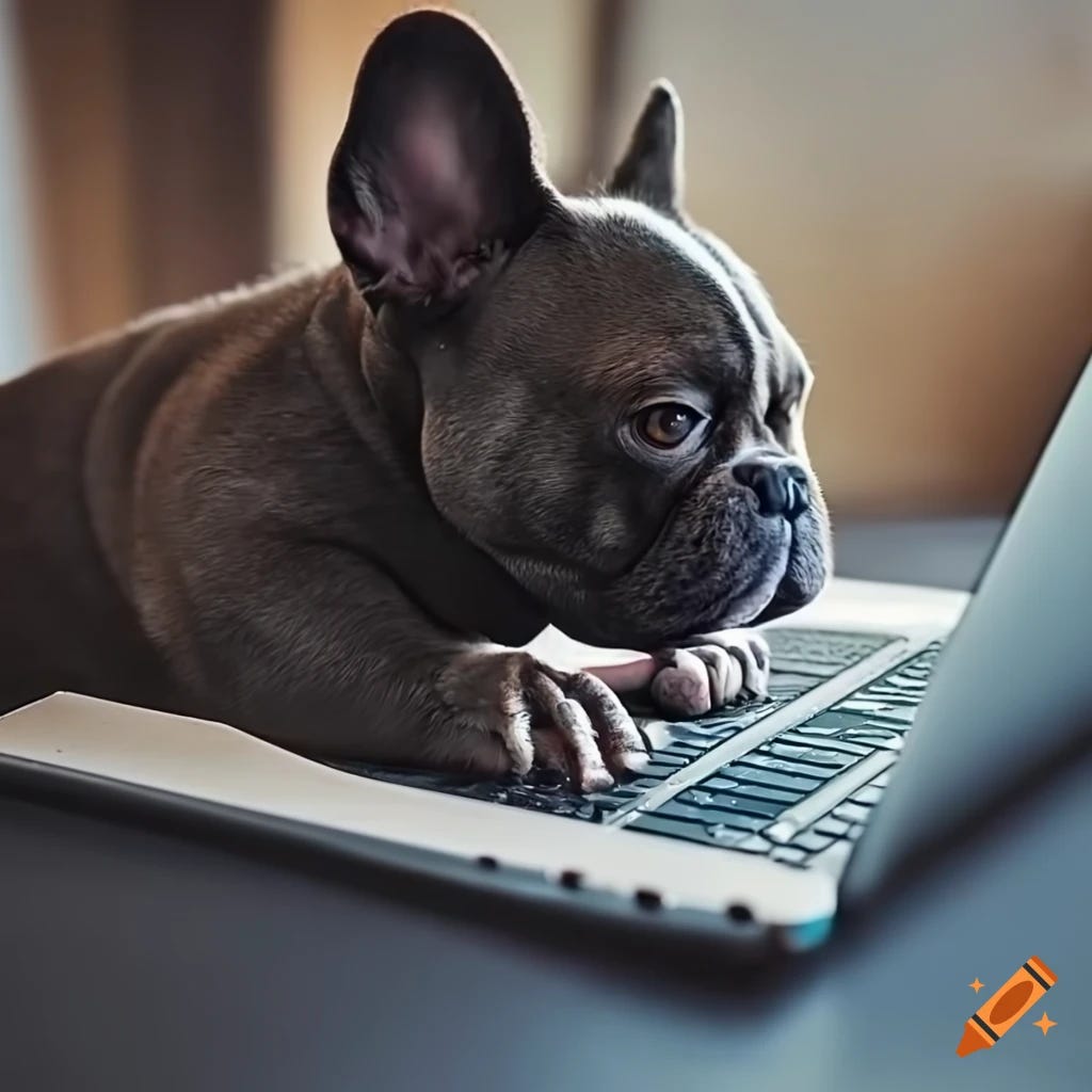 French bulldog typing on a laptop in a cafe on Craiyon