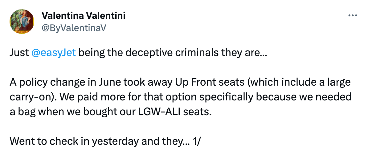 Just  @easyJet  being the deceptive criminals they are…  A policy change in June took away Up Front seats (which include a large carry-on). We paid more for that option specifically because we needed a bag when we bought our LGW-ALI seats.  Went to check in yesterday and they… 1/