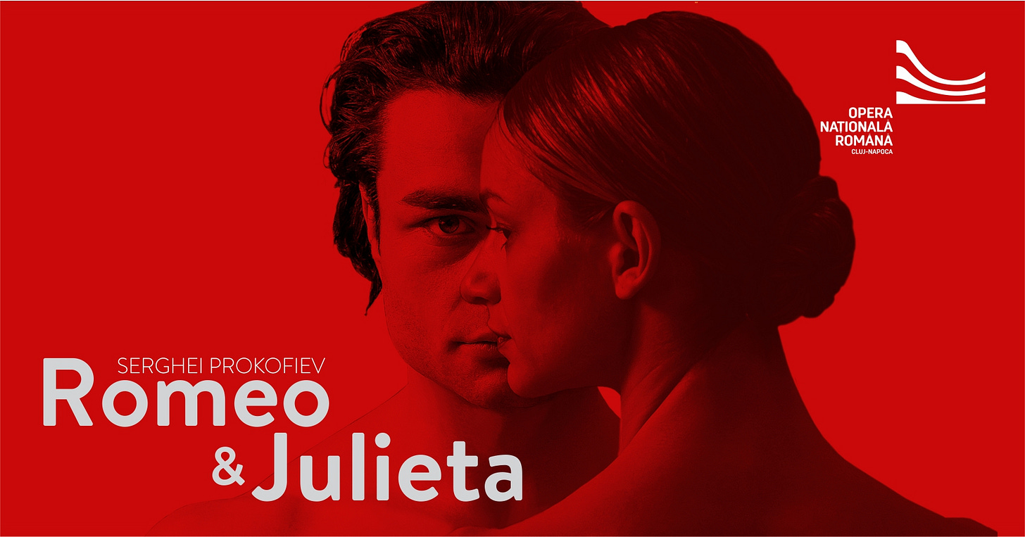 May be pop art of 2 people and text that says "OPERA NATIONALA ROMANA A cW-HAPeCA AI- I-M -H4J CA ٤ Romeo PROKOFIEV SERGHEI & Julieta"