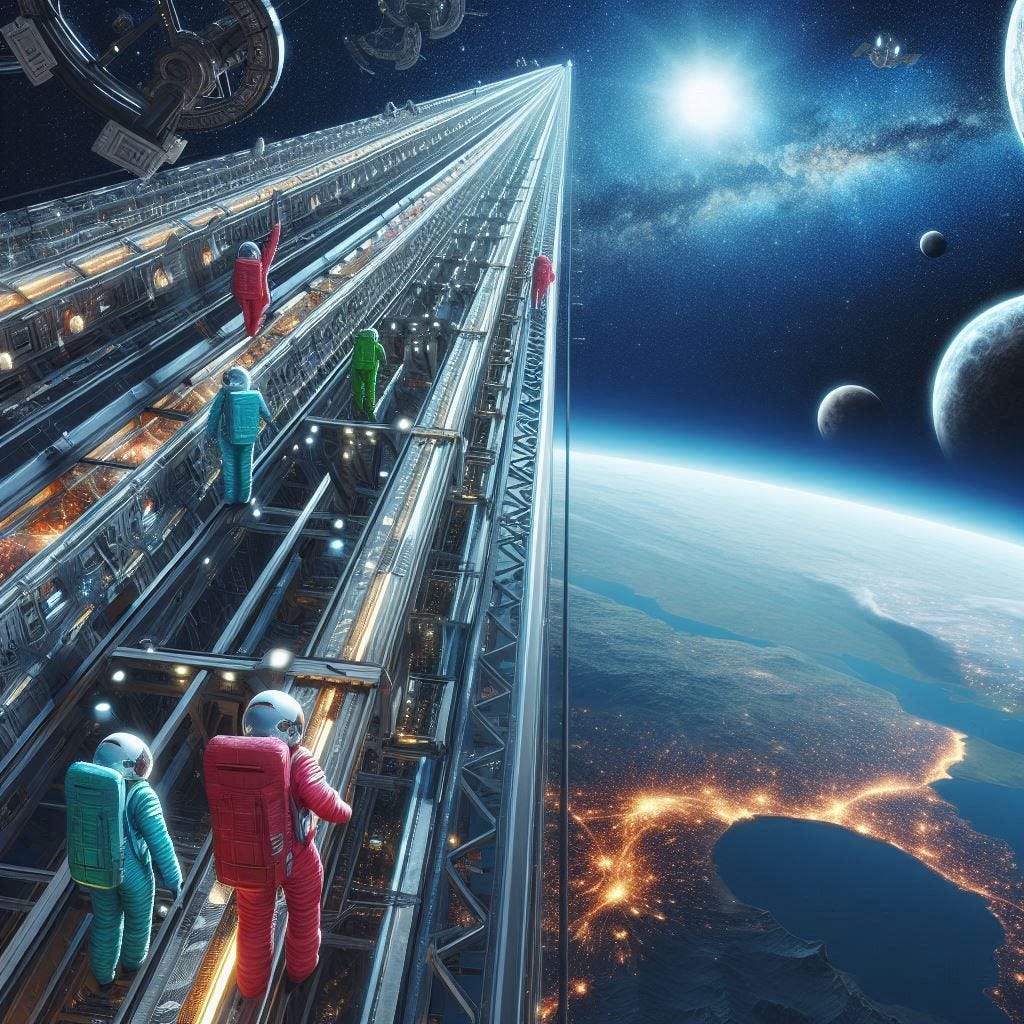 a space elevator out in space with people climbing along the side