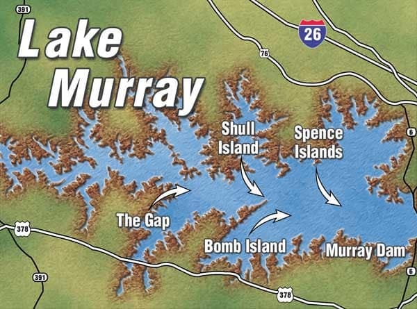 May be an image of map and text that says '26 391 Lake Murray Shull Island Spence Islands The Gap Bomb Island Murray Dam'