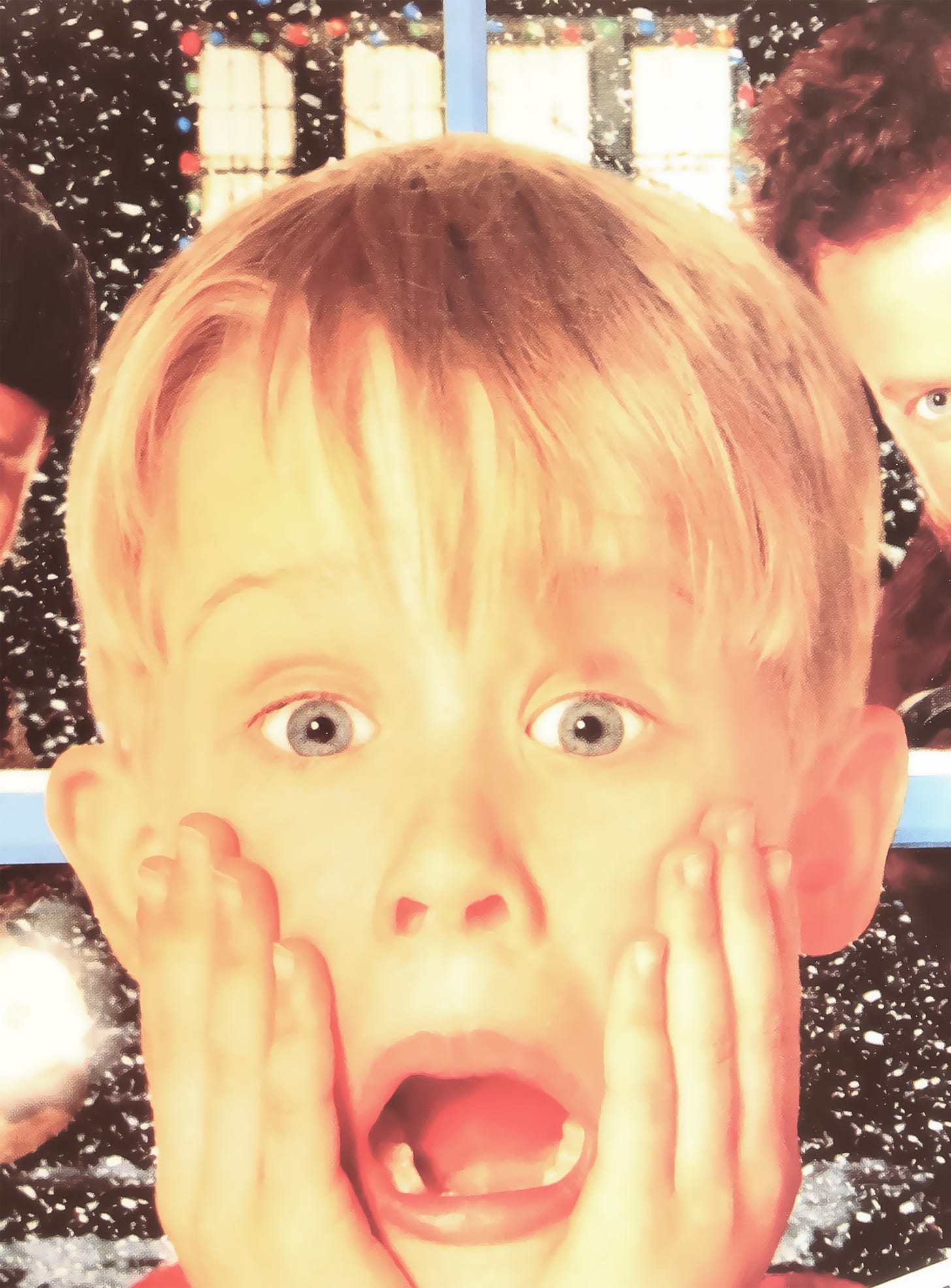 Macaulay Culkin, the kid from Home Alone, with his hands clasped against his face, as he screams in horror. The two would-be burglars are looming in the background