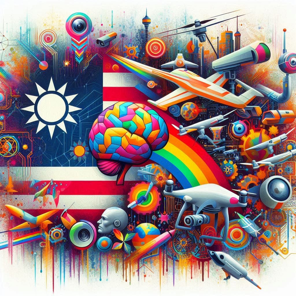 AI regulation in the style of AI Supremacy with themes related to artificial intelligence, technology, surveillance, geopolitics, and dystopian elements. The image should have a blend of organic and geometric shapes, vibrant colors, and a painterly aesthetic on a white background. Include symbols such as drones, CCTV cameras, rainbows around brains, the Taiwan flag, and additional symbols of the US.