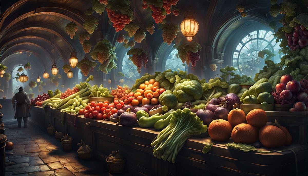 Fresh fruits and vegetables display in market.