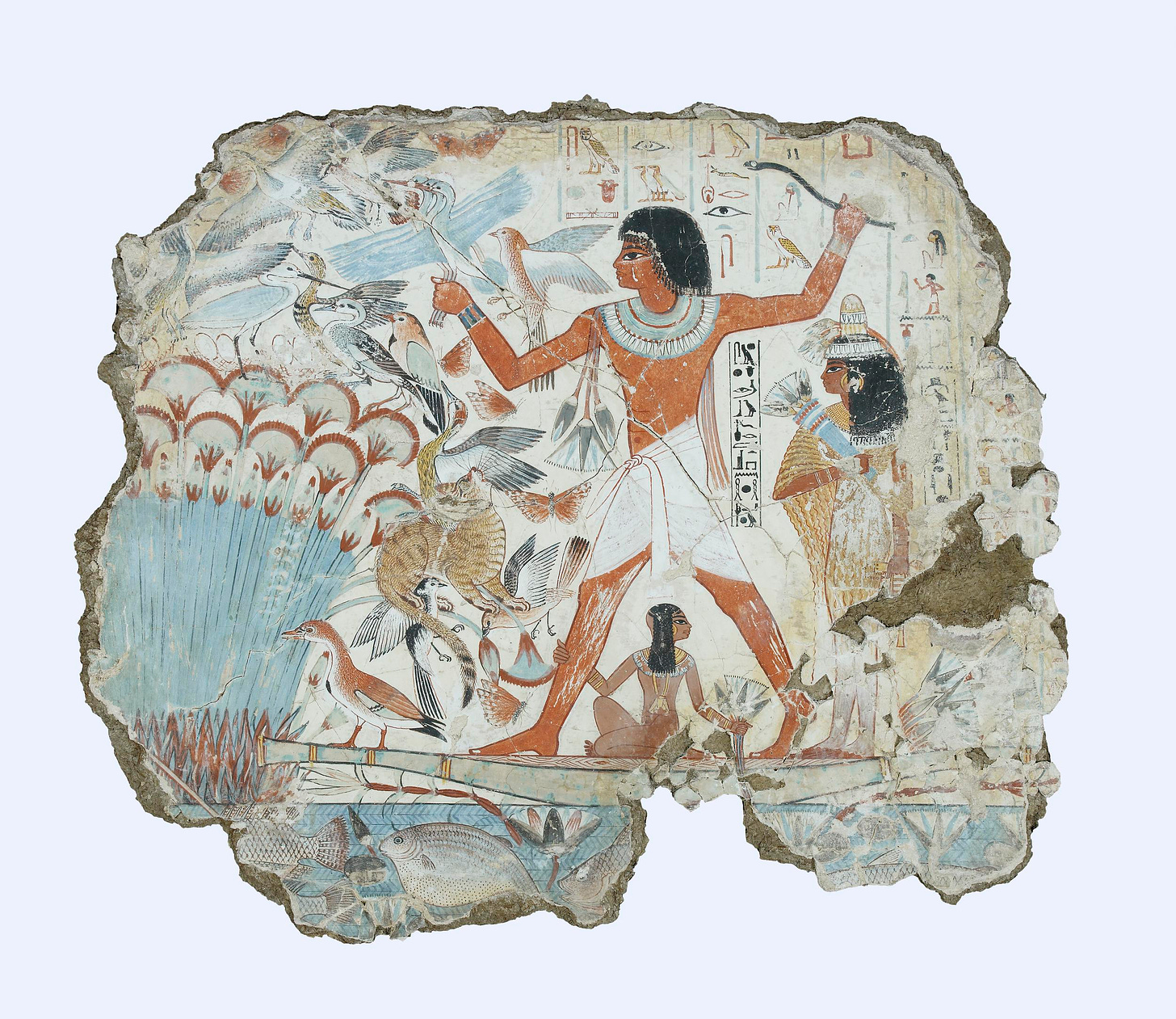 Nebamun fowling in the marshes, Tomb-chapel of Nebamun, c. 1350 B.C.E., 18th Dynasty, paint on plaster, 83 x 98 cm, Thebes © Trustees of the British Museum