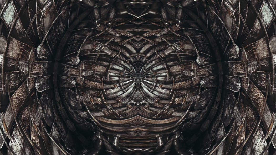A labyrinth of dark and metallic hues hints at weapons, armor, glory, despair.