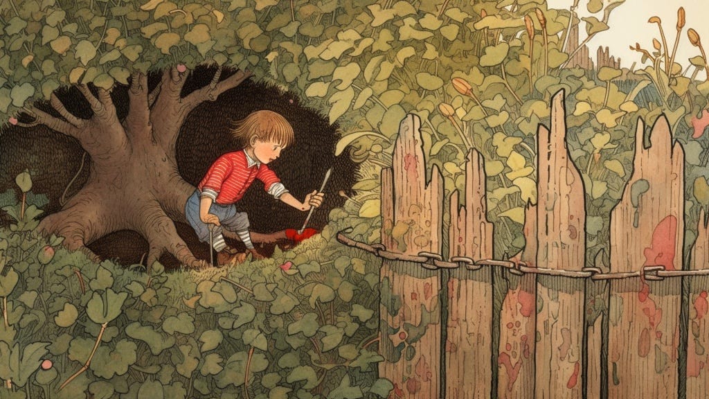 “The Stake,” original illustration by the author, based on my Midjourney prompt. A young lame boy plunges a stake into a heart. He sits with his cane inside a fantasy tree grove surrounded by a decaying wooden fence. In the style of Arthur Rackham’s illustrations for Grimm’s Fairy Tales.