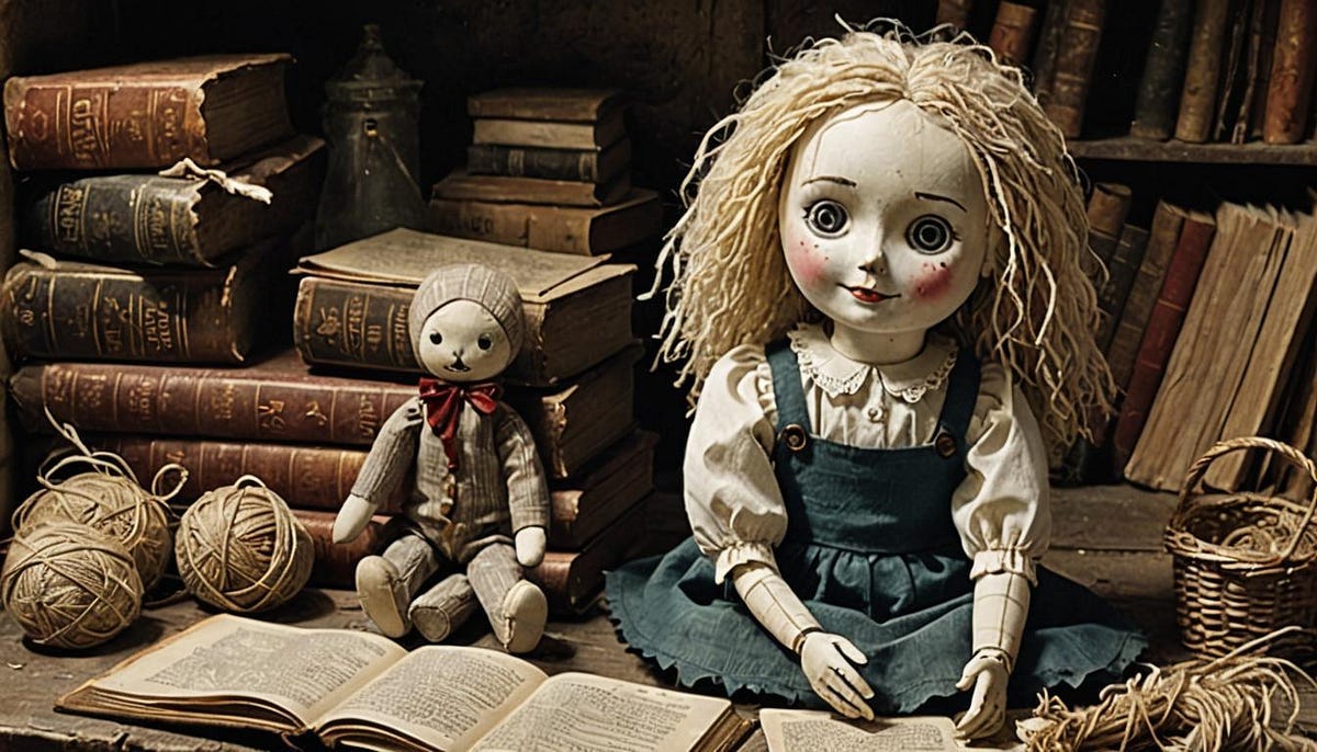 2 old dolls and old books in qttic