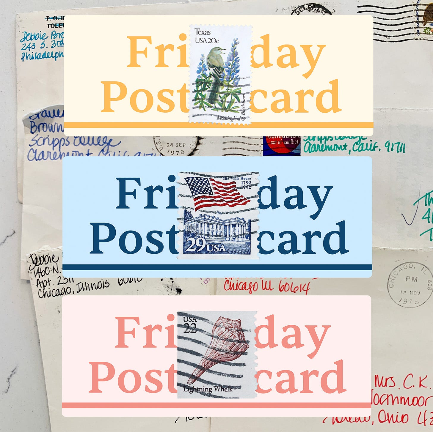 Photo of my mom's letters and the Friday Postcard logo