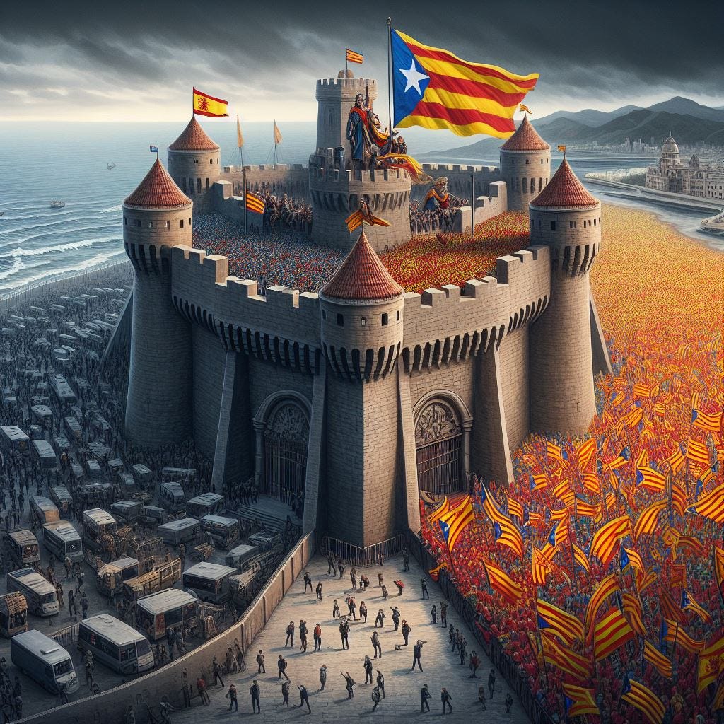 us vs. them, in vs. out, a giant Castel in Barcelona, Catalonia, on the map of Spain, with the coast in the background. Inside the castle walls, thousands of people hold vibrant, colourful Catalan estelada flags, and a powerful King stands atop one of the castle\'s turrets waving a giant estelada flag. Outside the walls, life is grey and difficult, ostracised, and thousands try to get in, waving Spain flags, the castle gates are shut, digital art.