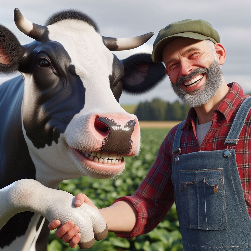 Farmer and cow shaking hands