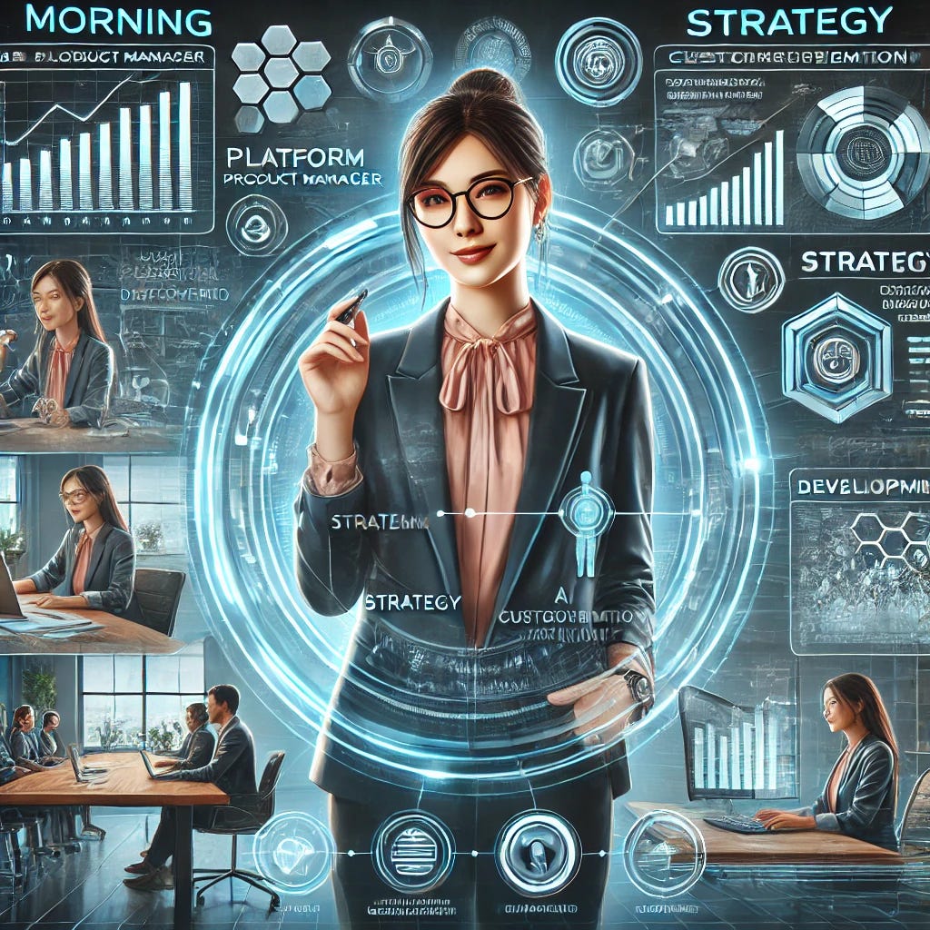 A futuristic illustration of Sarah Chen, an accomplished B2B Platform Product Manager in her early 30s, with a confident expression, wearing business-casual attire (a smart blouse, blazer, and slacks). She is depicted in a dynamic, high-tech workspace. Key scenes around her: 1) Morning: Sarah at a sleek kitchen counter with holographic displays showing analytics and AI-generated briefs. 2) Strategy: A virtual conference room with holographic screens showing development paths, Sarah pointing to a visionary idea. 3) Customer Discovery: AI sentiment analysis with keyword clusters and competitor comparisons. 4) Product Development: Collaboration with engineers using futuristic prototyping interfaces. 5) Executive Presentation: A sleek boardroom with AI-driven storytelling and real-time data visualizations. Bright modern colors, holographic elements, and a professional, futuristic tone.