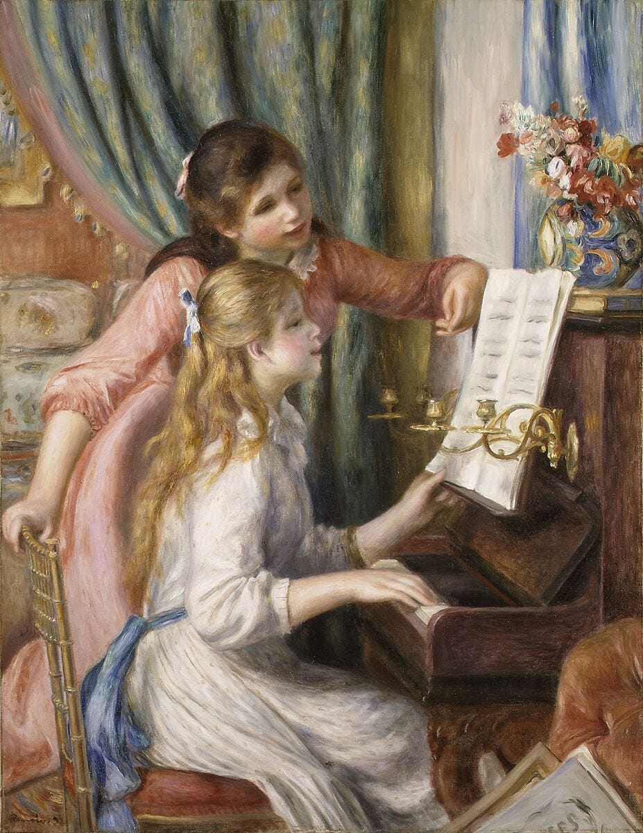 Two Young Girls at the Piano, Auguste Renoir (French, Limoges 1841–1919 Cagnes-sur-Mer), Oil on canvas 