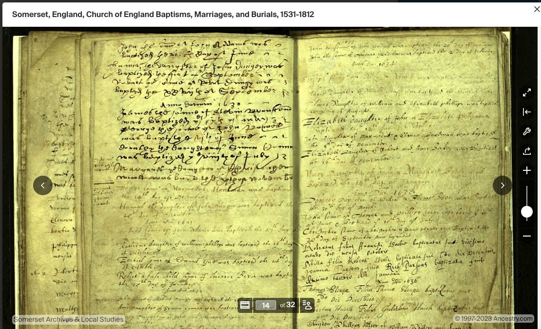 Image of a document viewed on Ancestry.com titled "Somerset, England, Church of England Baptisms, Marriages, and Burials, 1531-1812." Document is yellowed and weathered with difficult to read handwriting.