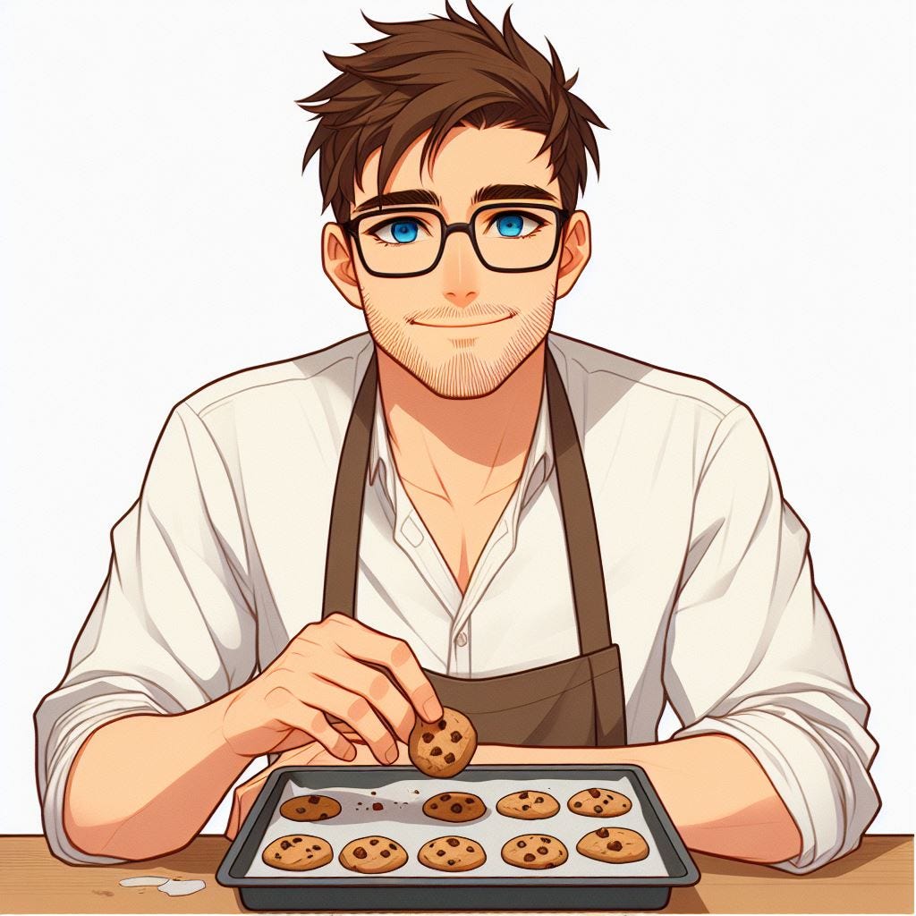 Illustration: a man with very short brown hair, blue eyes and brown stubble, wearing glasses. He is baking cookies and smiling sweetly.