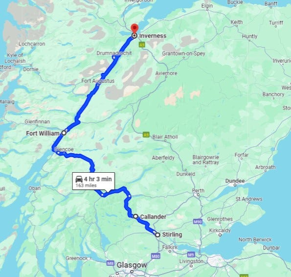 Map of long distance between Stirling and Inverness