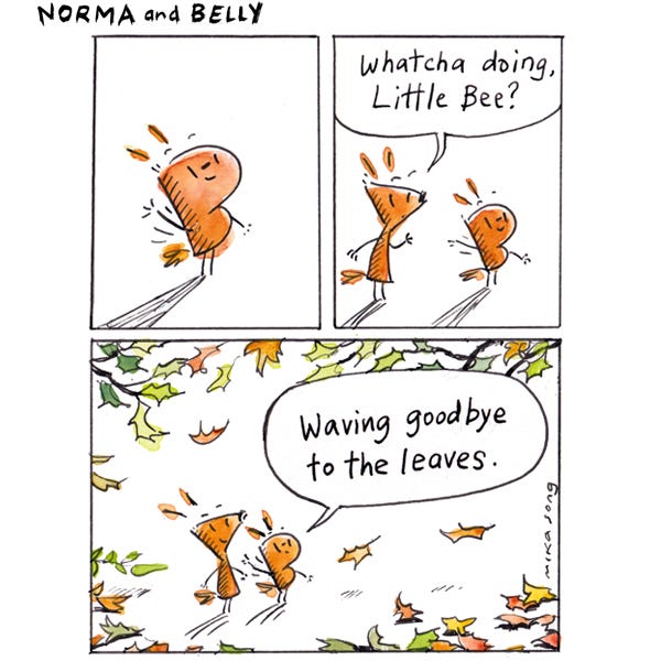 Little Bee, the small squirrel, is waving at something. Norma, the pointy squirrel asks what she is doing. Little Bee replies that she is waving goodbye to the leaves as orange, brown and green leaves fall from the trees to the ground.