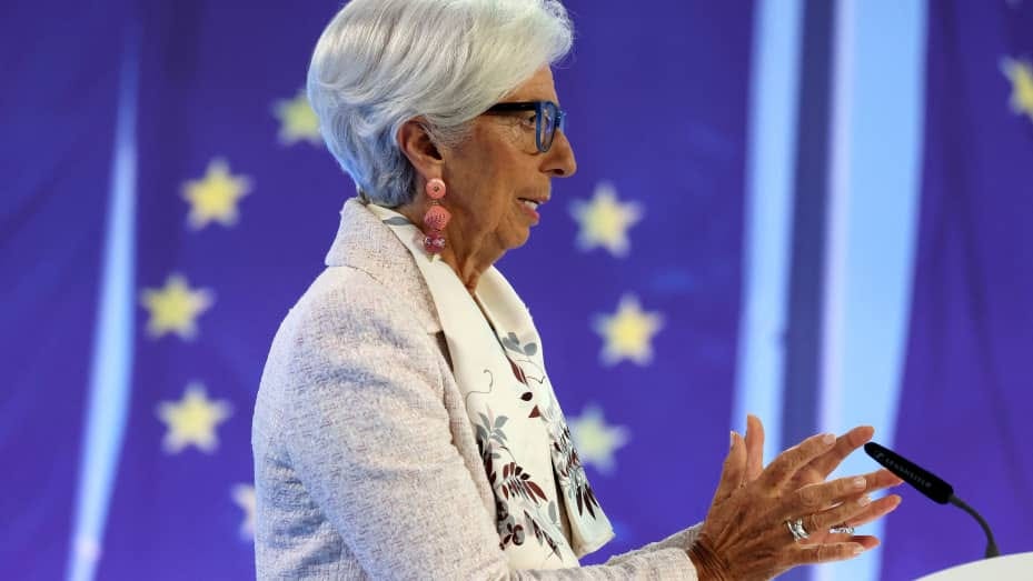 President of the European Central Bank (ECB) Christine Lagarde addresses a press conference following the meeting of the governing council of the ECB in Frankfurt am Main, western Germany, on July 27, 2023.