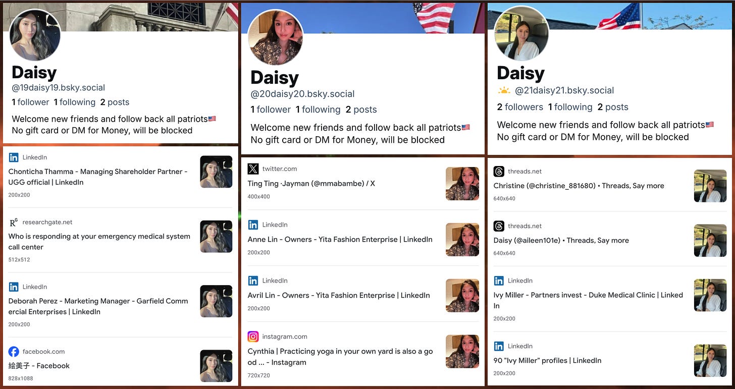 reverse image searches showing that the profile photos used by three of the "Daisy" accounts are plagiarized